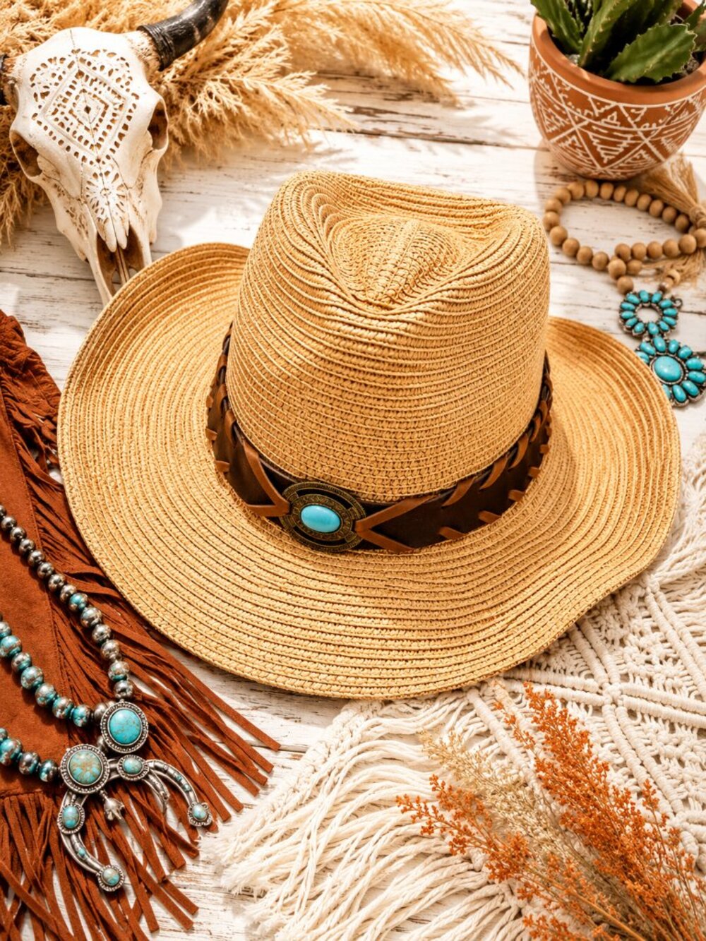 Western Boho Straw Sun Hat, Turquoise Concho, Wide Brim, Beach Cowgirl, NWT - Picture 1 of 5